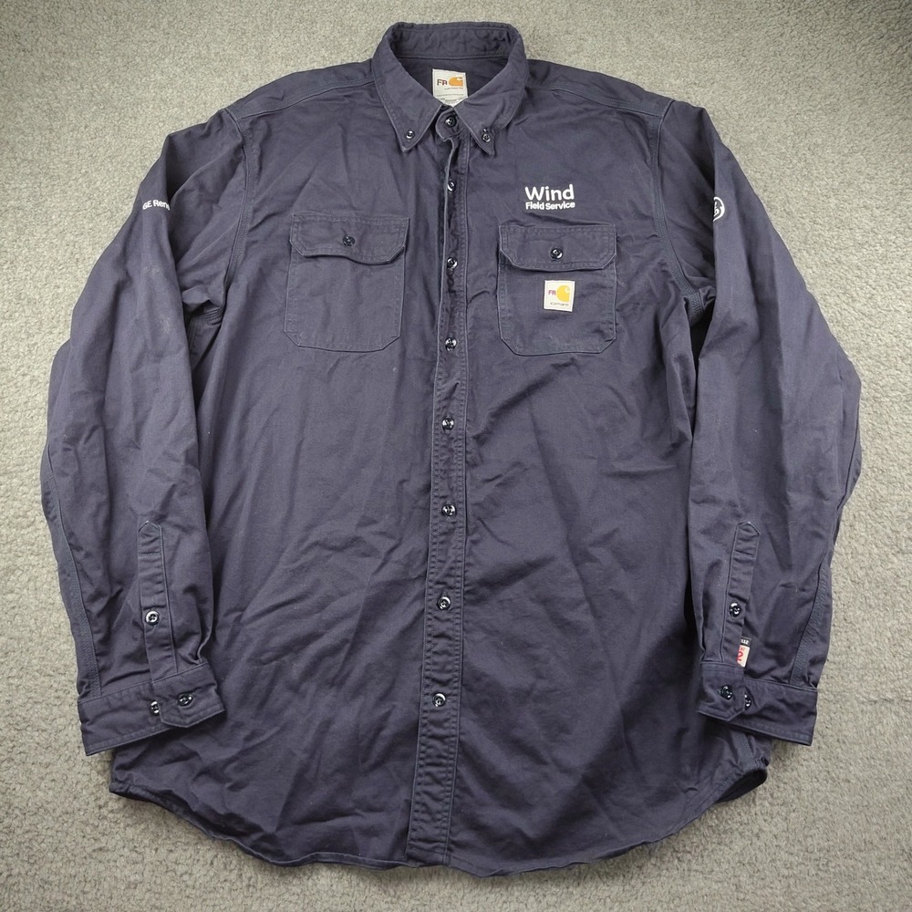 Carhartt FR Button Down Shirt Mens XL Tall Navy Blue Workwear CAT2 FRS160 DNY